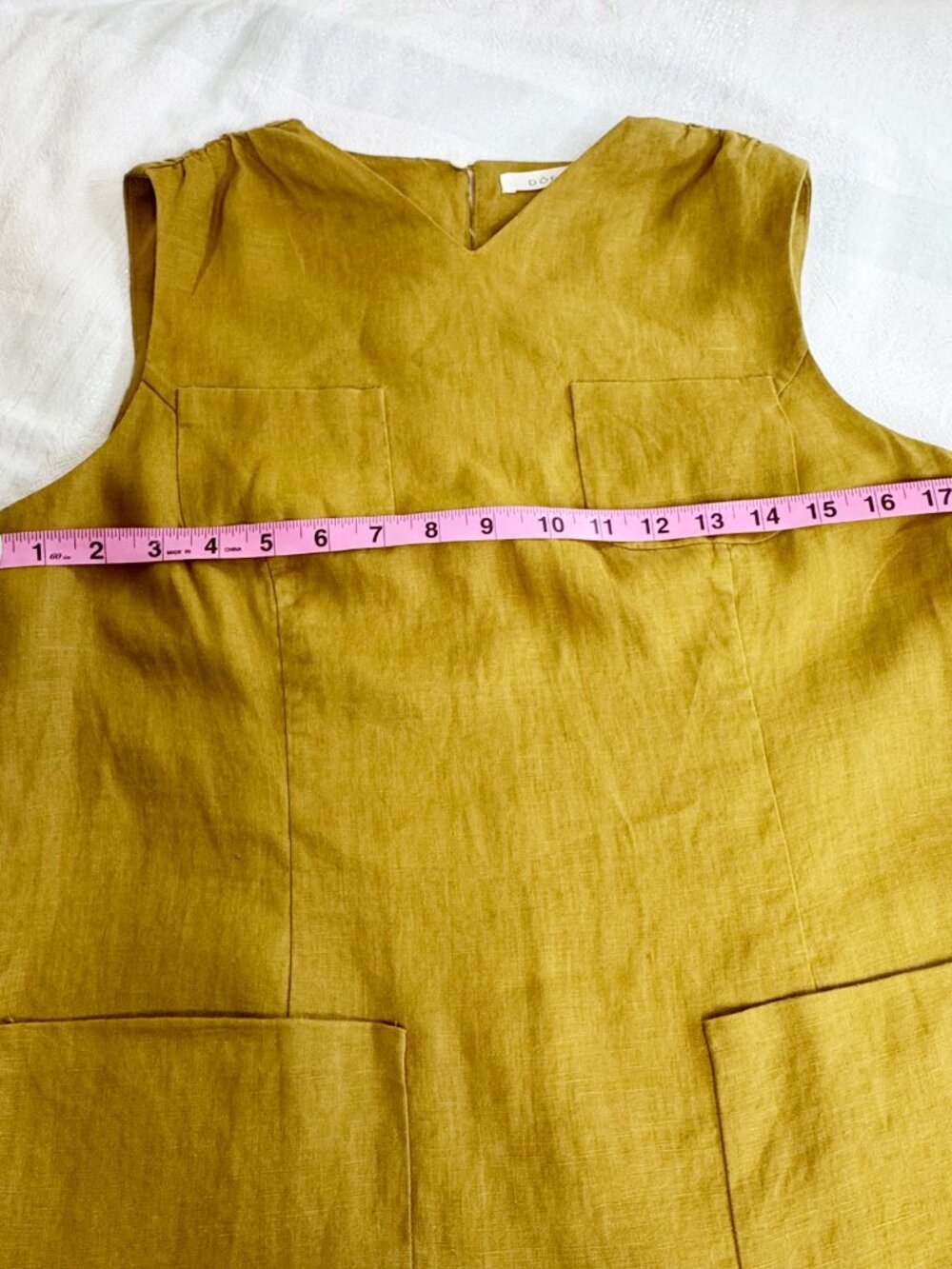 Doen Bennette Dress Golden Olive Linen Sleeveless Pocket Shift Dress Size M - Picture 11 of 14